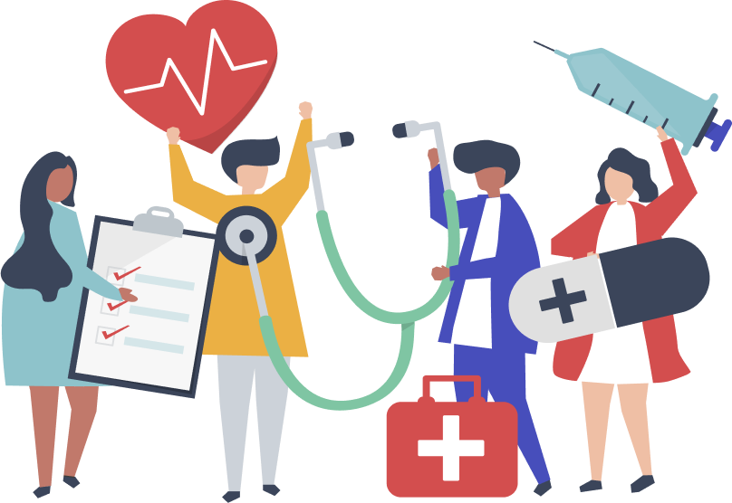 Healthcare illustration showing doctors and medical professionals